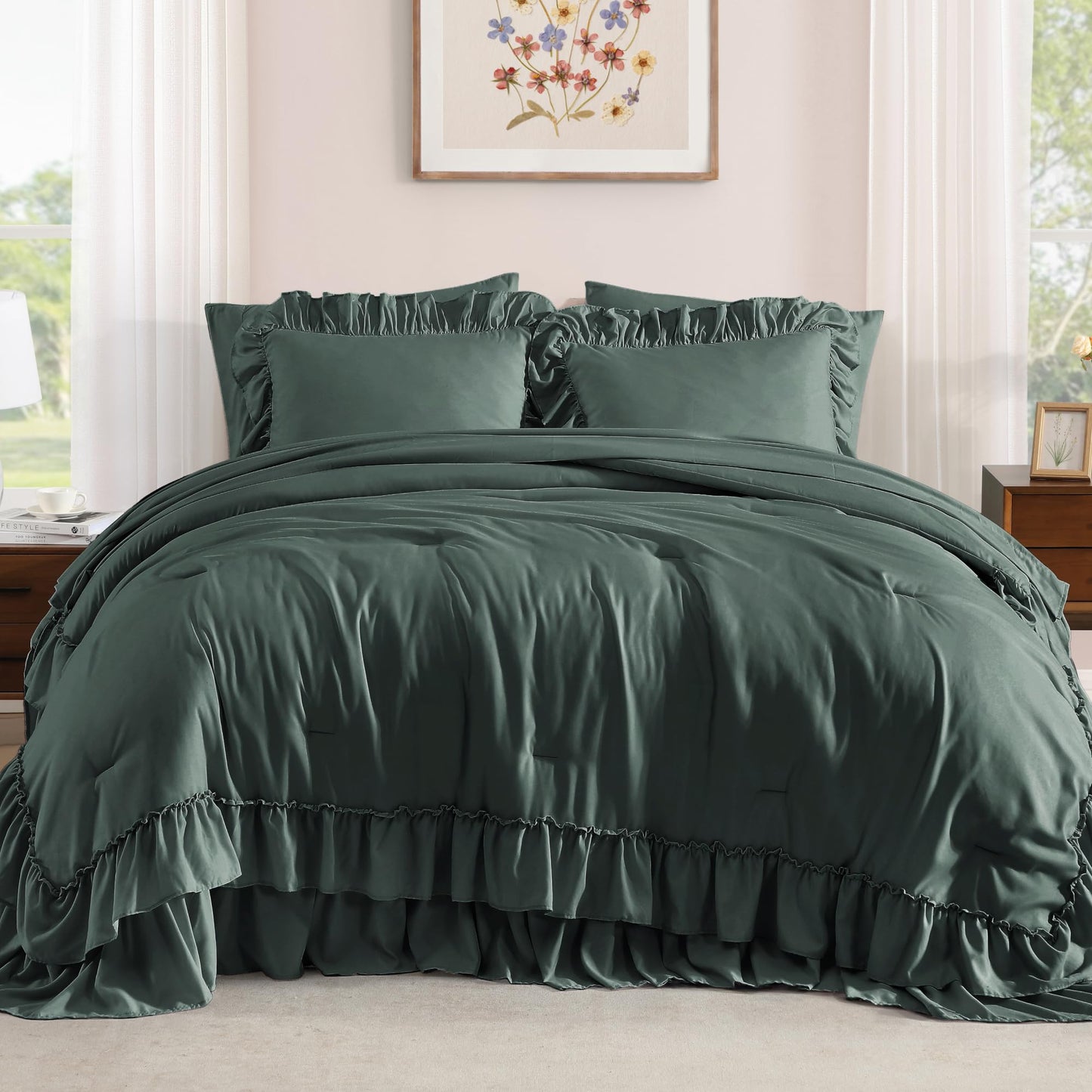 AMBERSPACE Ruffle Comforter Set — Soft Pink, Queen