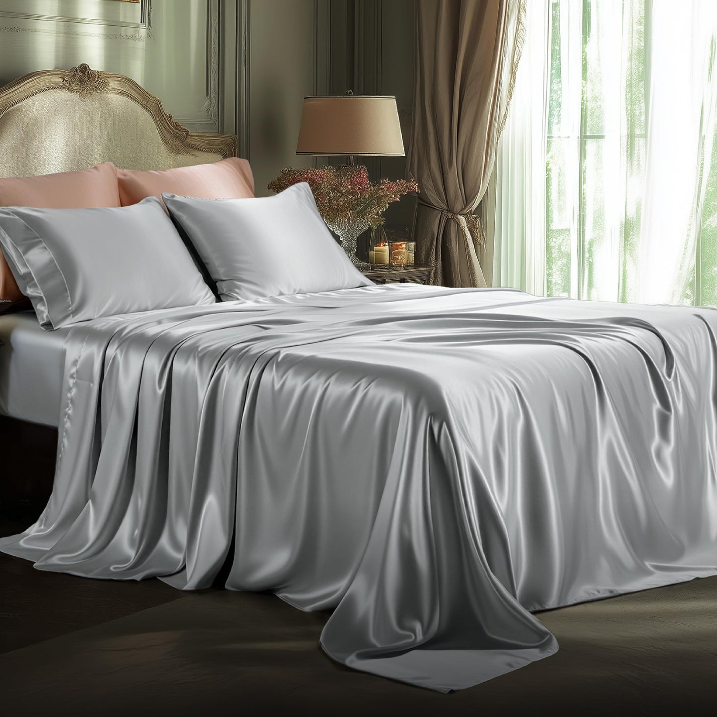Bedsure Satin Sheet Set — Silver Grey, Queen