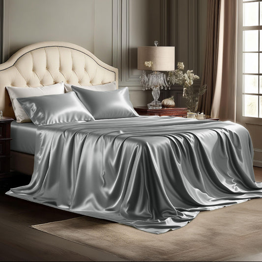 Bedsure Satin Sheet Set — Silver Grey, Queen