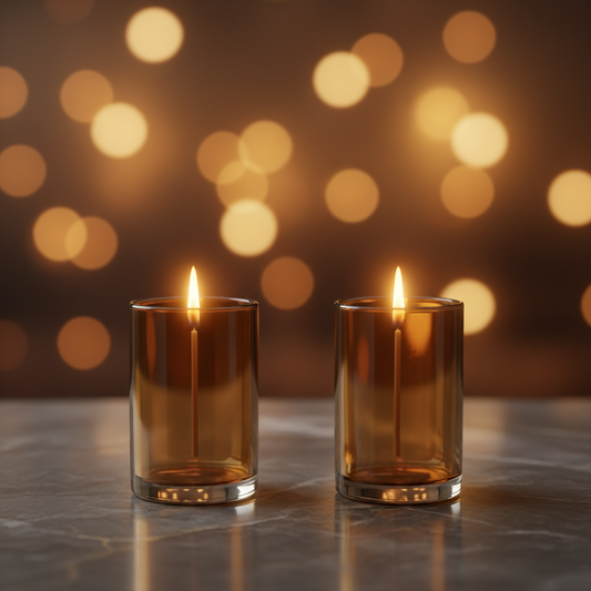 Two amber glass candles with warm golden glow on a dark marble surface